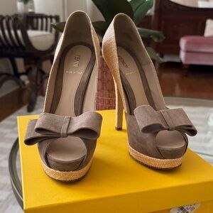 Fendi Taupe Bow Peep-Toe Heels